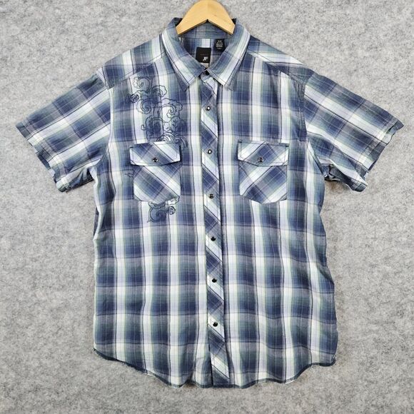 J. Ferrar Modern Fit Pearl Snap Size XL Blue & White Plaid Embroidered Shirt‎ - Picture 1 of 15
